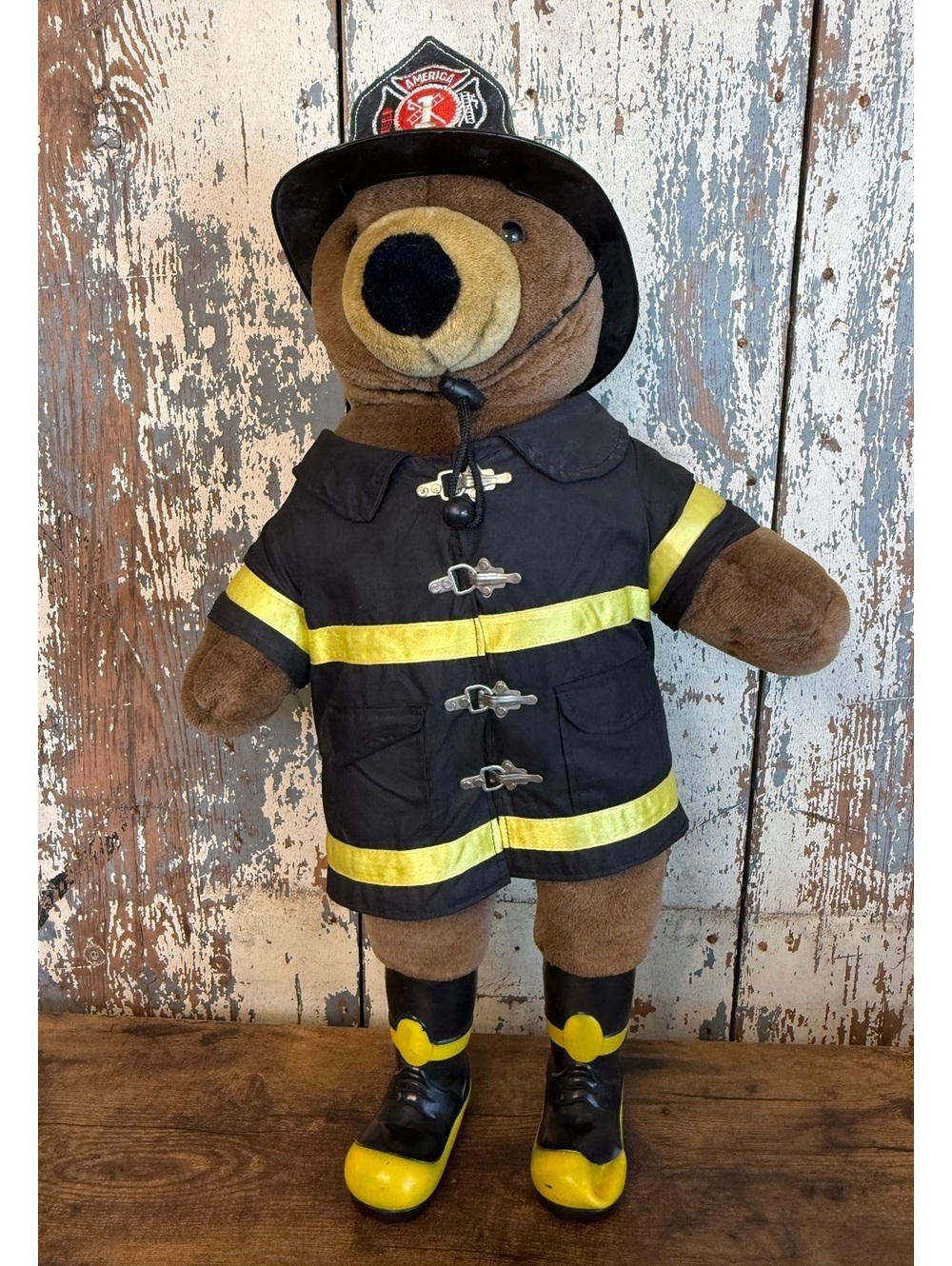 Vintage 1994 J.J. Wind Patriot Bear Little Fireman Plush 11" [Yellow/Black] Gear